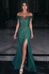 Fashion Green Off Shoulder Sequins Side Slit Ruffles Prom Dress
