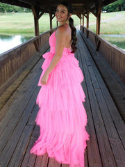 Fashion Open Back Layered Pink Long Prom Dresses, Pink Formal Graduation Evening Dresses