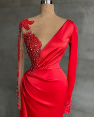 Fashion Red Long Sleeves Crystal Side Slit Ruffles Prom Dress