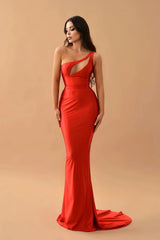 Fashion Red One Shoulder Sleeveless Mermaid Evening Dress  Long