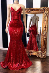 Fashion Red Spaghetti Straps Appliques Sequins Open Back Prom Dress