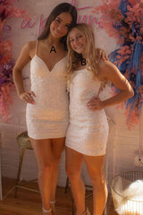 White Appliques Lace-Up Mini Homecoming Dress