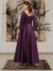 A-Line Mother of the Bride Dress Plus Size Elegant V Neck Ankle Length Satin Long Sleeve with Pleats