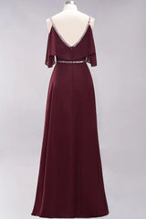 A-line V-Neck Spaghetti Straps Sleeveless Floor-Length Bridesmaid Dresses with