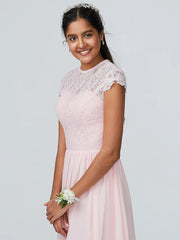 A-Line Bridesmaid Dress Jewel Neck Sleeveless Elegant Floor Length Chiffon with Lace 2022 / Sparkle & Shine