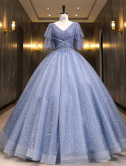 Ball Gown Quinceanera Dresses Princess Dress Performance Quinceanera Floor Length Short Sleeve V Neck Polyester with Sequin