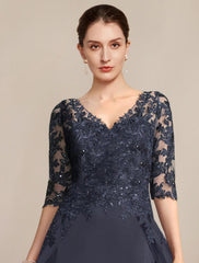 Aimishang  Sheath / Column Mother of the Bride Dress Formal Wedding Guest Elegant V Neck Floor Length Chiffon Lace Half Sleeve with Sequin Appliques