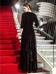 A-Line Black Dress Vintage Wedding Guest Formal Evening Floor Length 3/4 Length Sleeve Jewel Neck Velvet with Pleats