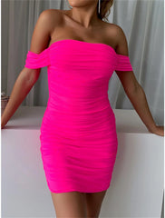 Women's Party Dress Homecoming Dress Cocktail Dress Mini Dress Black White Red Short Sleeve Pure Color Ruched Spring Fall Winter Off Shoulder Fashion Wedding Guest Birthday Vacation Slim
