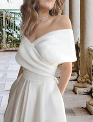Wholesale Reception Wedding Dresses Simple Wedding Dresses Ball Gown Off Shoulder Cap Sleeve Tea Length Lace Bridal Gowns With Pleats Appliques Summer Wedding Party
