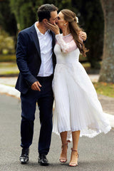White Sweetheart Sheer Sleeve Tea-length Wedding Dress
