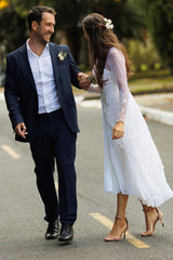 White Sweetheart Sheer Sleeve Tea-length Wedding Dress