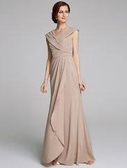 Sheath / Column Mother of the Bride Dress Elegant V Neck Floor Length Jersey Short Sleeve with Pleats