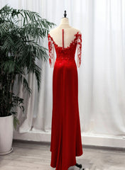 Red Satin with Lace Round Neckline Party Dress, Red Satin Evening Dress