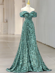 A-Line Evening Gown Sparkle & Shine Dress Formal Wedding Guest Sweep / Brush Train Sleeveless Off Shoulder Sequined with Glitter Sequin