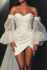 Ivory Bodycon Sweetheart Long Sleeves Mini Wedding Dress Off Shoulder Sexy Formal Dress