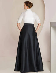 A-Line Mother of the Bride Dress Formal Wedding Guest Party Elegant Shirt Collar Floor Length Taffeta Short Sleeve with Bow(s)