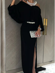 A-Line Evening Gown Elegant Dress Formal Sweep / Brush Train Black Dress Long Sleeve Off Shoulder Satin with Pearls Slit