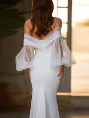 Hall Simple Wedding Dresses Mermaid / Trumpet Off Shoulder Long Sleeve Sweep / Brush Train Satin Bridal Gowns With Split Front