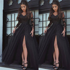 Sexy A Line Black Lace Long-Sleeved Slit Prom Evening Dresses