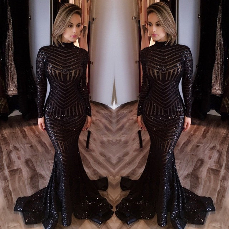 Sexy Black Mermaid High Neck Evening Gowns Long-Sleeves Sequined Prom Dress