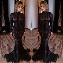 Sexy Black Mermaid High Neck Evening Gowns Long-Sleeves Sequined Prom Dress