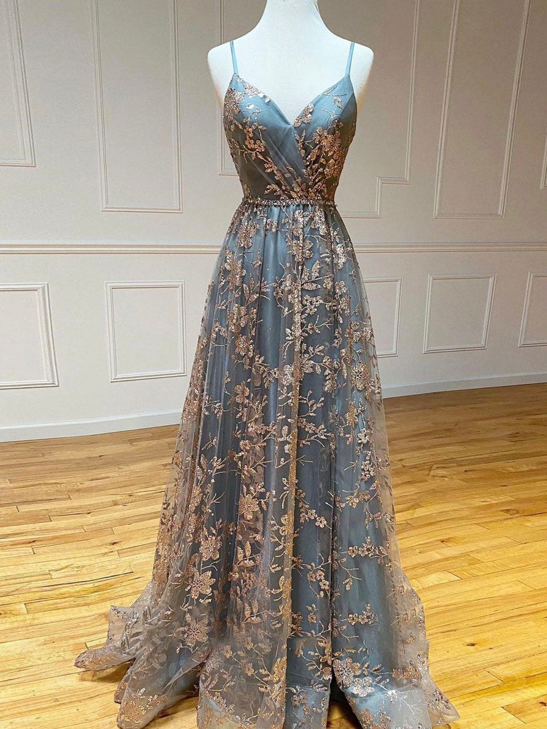 Unique v neck tulle sequin long prom dress, tulle formal dress