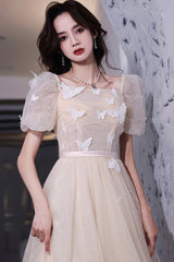 Champagne Lace Short Prom Dresses, A-Line Homecoming Dresses