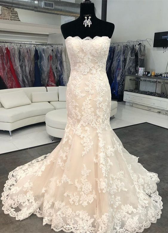 Strapless Lace Mermaid Wedding Dresses Sleeveless Lace up Back