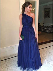 A line Sexy One Shoulder Blue Bridesmaid Dresses Open Back