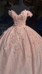 tulle princess off shoulder long formal prom dress, long strapless pink flower appliqués evening dress N1350