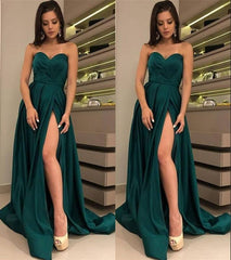 A-Line 2024 Satin Dark Green Prom Dress Side-Slit Sexy Evening Gown