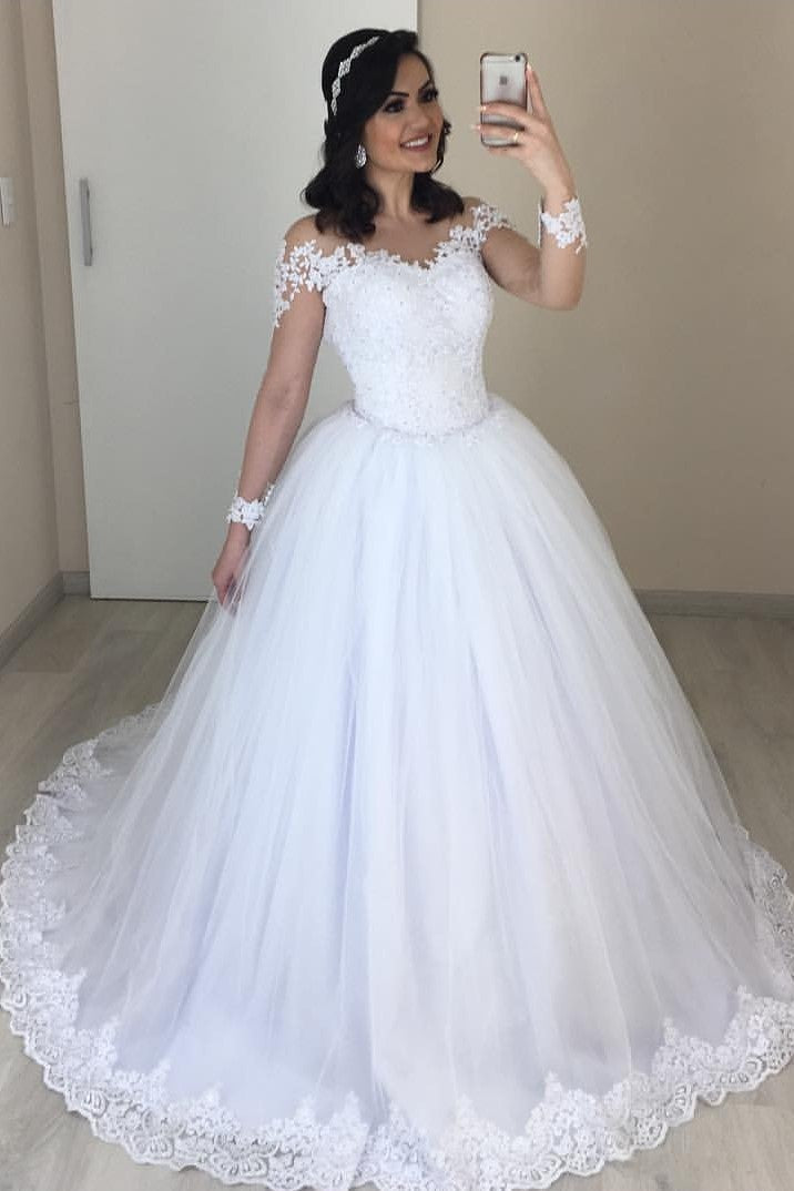 Ball Gown Lace Wedding Dresses Tulle Long Sleeves Bridal Wear