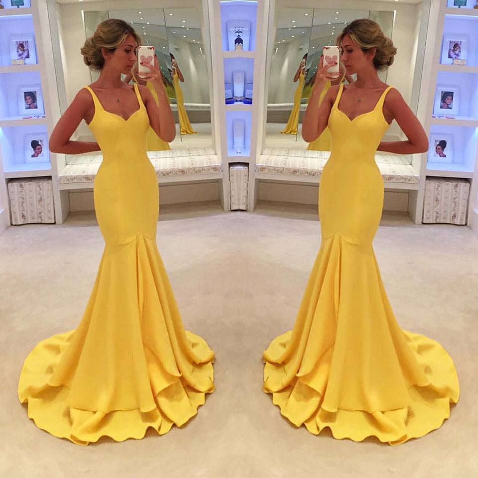 Simple Yellow Prom Dress,Mermaid Tiered Prom Dresses