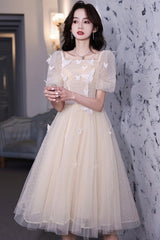 Champagne Lace Short Prom Dresses, A-Line Homecoming Dresses