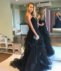 A Line Sweetheart Black Tulle tiered Prom Dresses Sleeveless