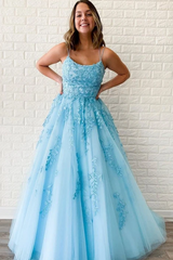 A-Line Spaghetti Straps Appliques Tulle Long Prom Formal Dress