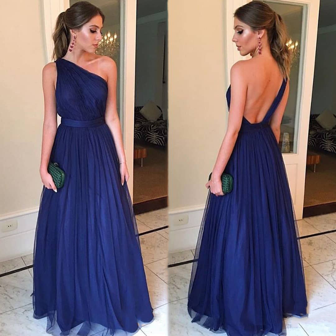 A line Sexy One Shoulder Blue Bridesmaid Dresses Open Back