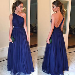 A line Sexy One Shoulder Blue Bridesmaid Dresses Open Back
