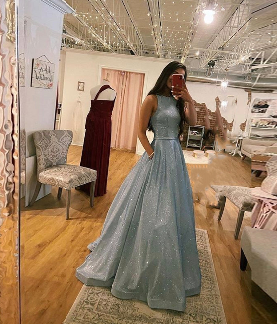 A Line 2024 Glitter Metallic Blue Prom Dresses with Pockets