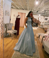 A Line 2024 Glitter Metallic Blue Prom Dresses with Pockets