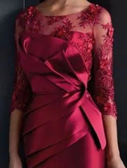 Sheath / Column Mother of the Bride Dress Wedding Guest Elegant Illusion Neck Knee Length Satin Lace 3/4 Length Sleeve with Appliques Ruching