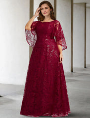 A-Line Mother of the Bride Dress Plus Size Elegant Jewel Neck Floor Length Lace Half Sleeve No with Sequin Appliques