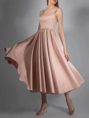 Hall Little White Dresses Wedding Dresses A-Line Scoop Neck Sleeveless Tea Length Satin Bridal Gowns With Pleats Solid Color