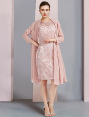 Aimishang  Two Piece Sheath / Column Mother of the Bride Dress Formal Wedding Guest Elegant Scoop Neck Knee Length Chiffon Lace Sleeveless Jacket Dresses with Beading Appliques