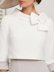 Two Piece Mother of the Bride Dress Wedding Guest Church Elegant Jewel Neck Ankle Length Stretch Satin 3/4 Length Sleeve Short Jacket Dresses with Bow(s)
