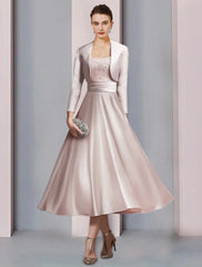 Wholesa Two Piece A-Line Mother of the Bride Dress Formal Church Party Elegant Scoop Neck Tea Length Satin Lace Half Sleeve with Appliques Ruching