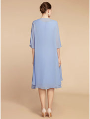 Aimishang  Two Piece Sheath / Column Mother of the Bride Dress Wedding Guest Elegant Petite Scoop Neck Knee Length Chiffon Lace Half Sleeve with Ruching Solid Color