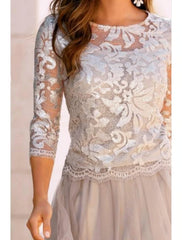 A-Line Mother of the Bride Dress Wedding Guest Elegant See Through Jewel Neck Knee Length Chiffon Lace Tulle 3/4 Length Sleeve with Pleats Appliques