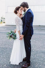 Floor Length Chiffon Beach Lace Backless Wedding Dress